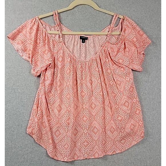 Torrid Peach Diamond Print Cold Shoulder SS Rayon Flowy Blouse Women's Plus 0X - Picture 1 of 12